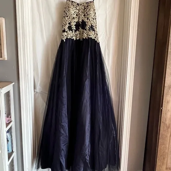 Blondie Nites Gown Juniors‎ Size 9 Navy Long Mesh Gown Corset Style Gold Prom - Image 11