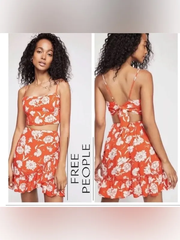 Free People Orange Floral set with tie-Back Cami Top and ruffled mini skirt, xs - Image 2