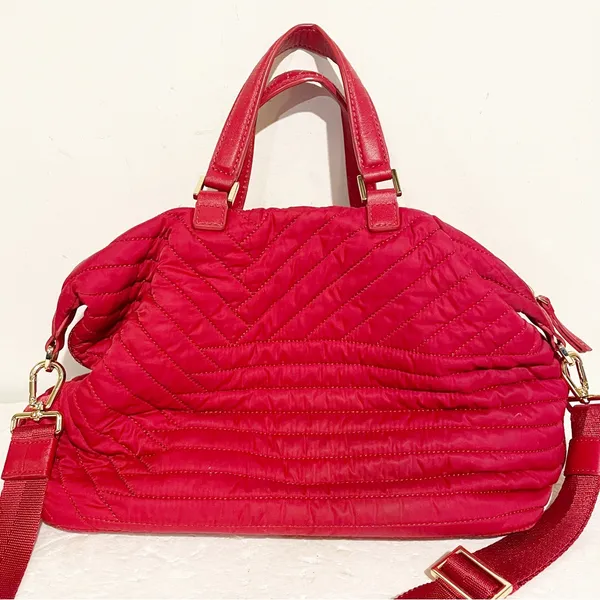 Tory Burch Red‎ Quilted Nylon Slouchy Satchel Shoulder Handbag Purse - Image 8