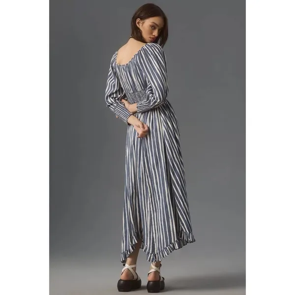 NWT!! By ANTHROPOLOGIE Long Sleeve Sweetheart Midi Dress Blue White Striped XS - Image 8
