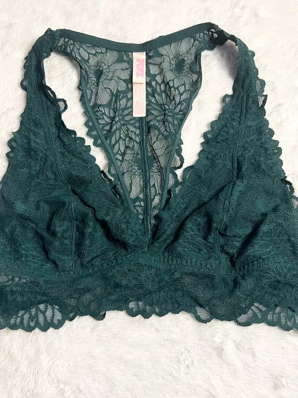 VS PINK Dark Green Lace Racerback Bralette Wireless Comfort Bra Size Large - Image 2