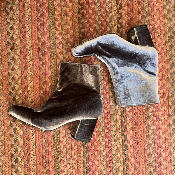 Free People Grey Velvet Booties Chunky Heel Zip Up Ankle - Image 4