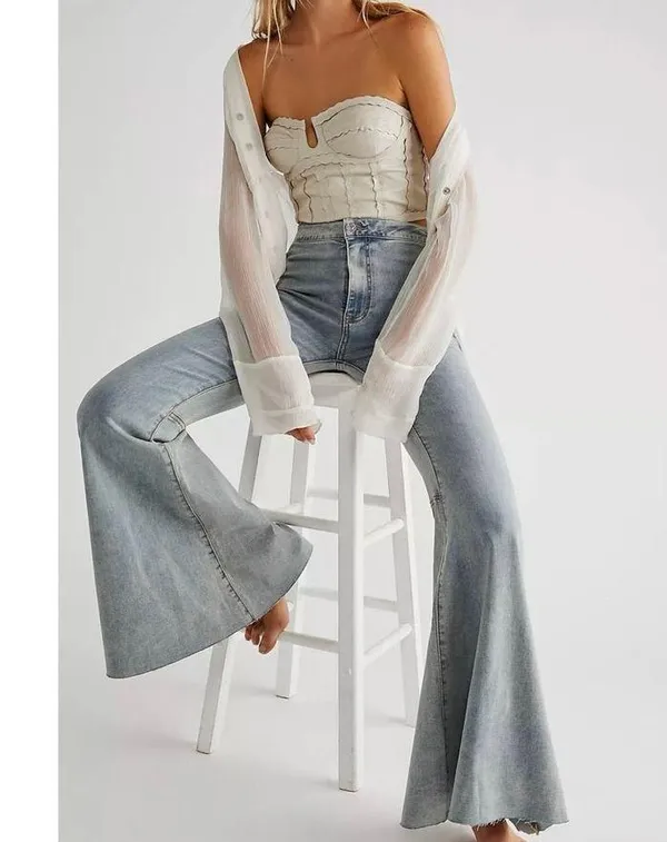 Free People Just Float On Super Flare Mid Rise Jeans Sea Mist Light Wash Size 24 - Image 13