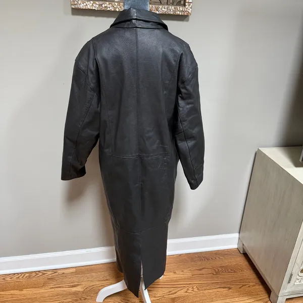 EUC Vintage 90's Y2K Leather Black Trench Coat Jacket Small Button Close Collar - Image 5