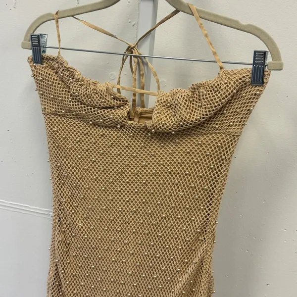 Oh Polly Pearl Embellished Fishnet Mini Dress Tan Halter Bodycon US 4 Beach - Image 4