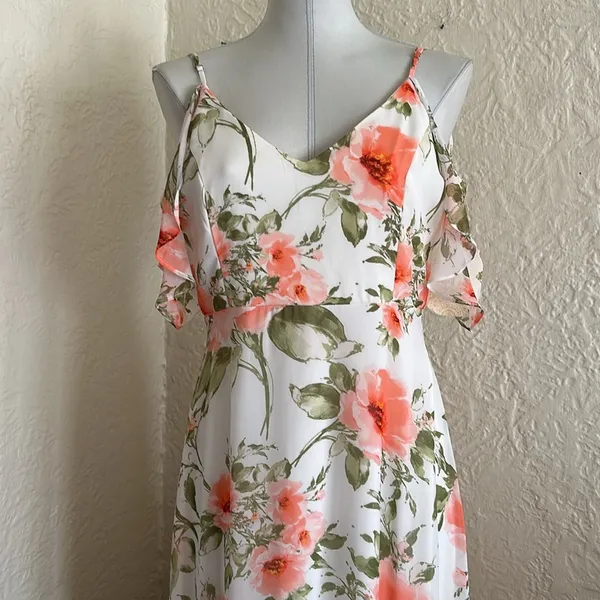Altar’d State White Coral Pink Orange Floral Maxi Dress Flutter Ruffle Knoll NWT - Image 3