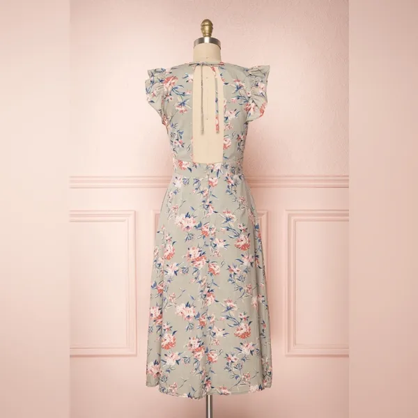 NWT Storia Linen Blend Floral Midi Dress Sage Green Pink V-Neck Size Medium - Image 6