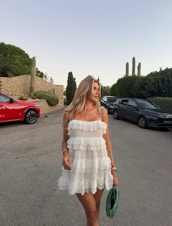 Zara White Ruffled Tie-Shoulder Bohemian Lace Trim Mini Dress - Image 4
