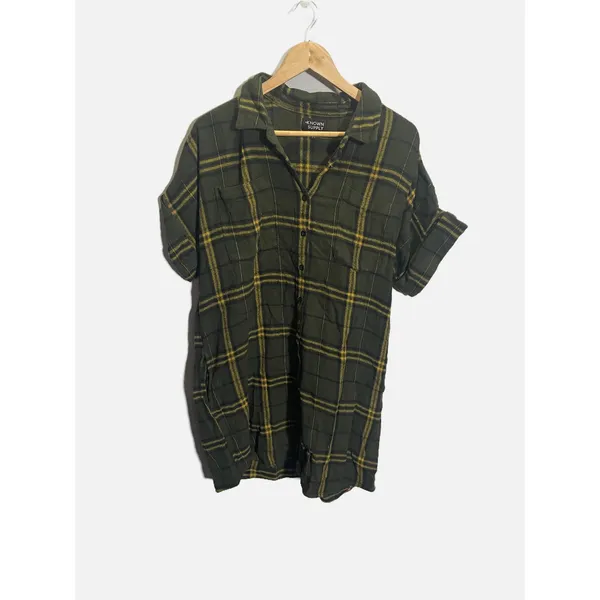 Known Supply Shirt Dress Womens Medium Olive Green Plaid Flannel Organic Cotton - Image 3
