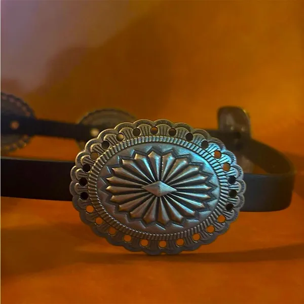 ANGRY SNAKE Western Black & Pewter Carved Concho Vegan Leather Belt - Image 4