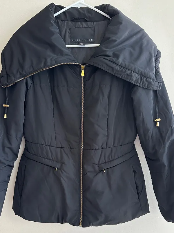 attention Black Fitted Puffer Jacket, Wide Collar, Gold Hardware, Size Small - Image 3