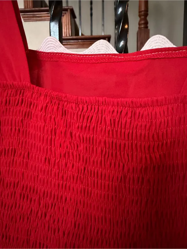 Red Smocked Maxi dress with White Ladder Stitching - Image 5
