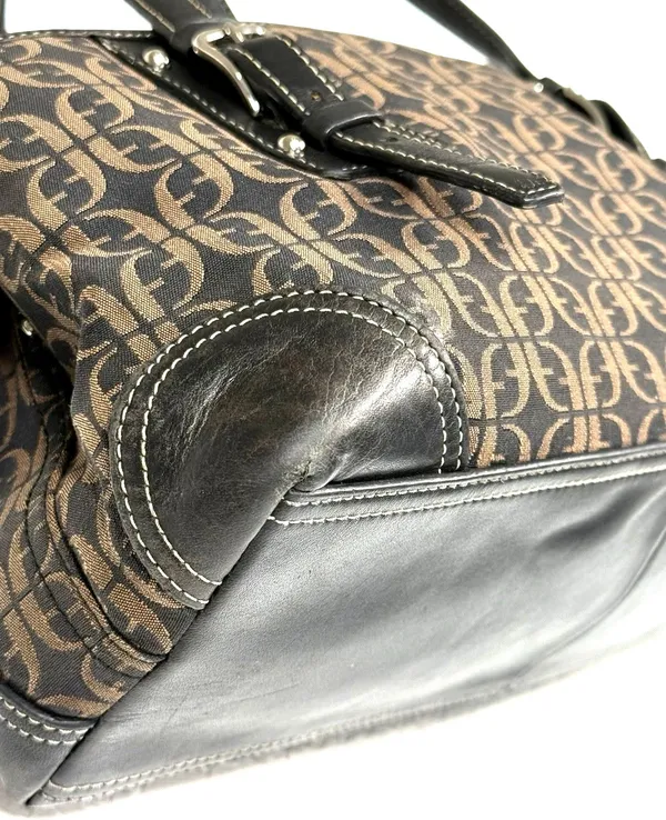 Fossil Brown Black Monogram Jacquard Leather Satchel Bag Y2K - Image 8