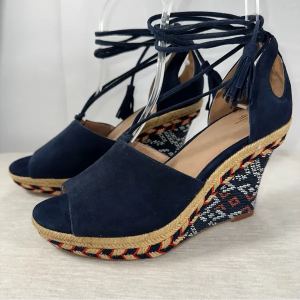 Cabi 6001 Women's US 6 Medium Navy Isla Wedge Ikat Suede Ankle Tie Sandals - Image 5