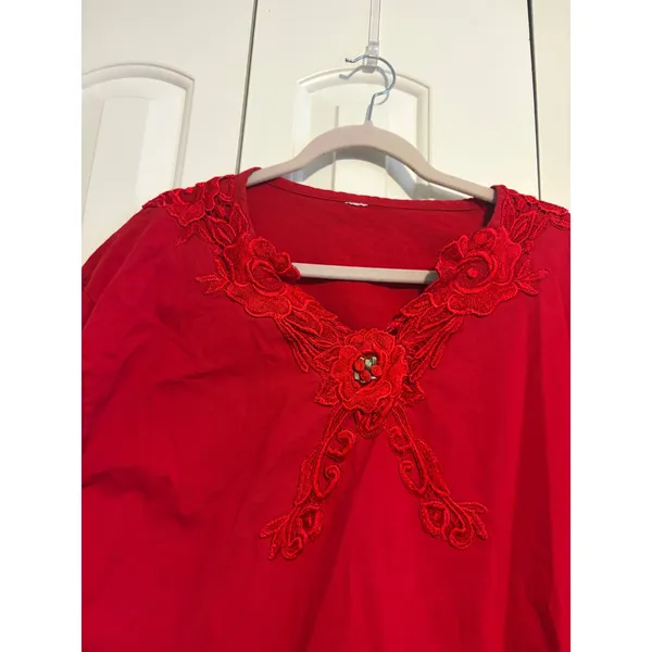 Blouse Romantic Vintage Red Floral Lace Applique Bubble‎ Hem L - Image 3