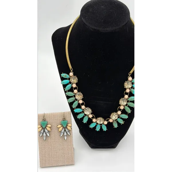 Turquoise Rhinestone Statement Necklace Earrings Set Bib Collar Boho Jewelry - Image 3