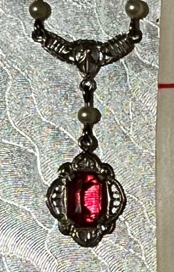 10K Gold 13” Red Stone/Pearl Drop Necklace - Image 9