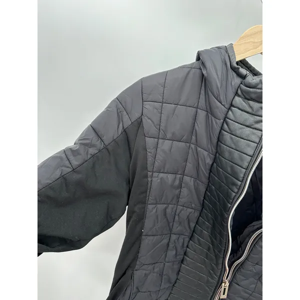 Marc New York Jacket Womens Medium Black Faux Leather‎ Quilted Hooded Zip B16 - Image 7
