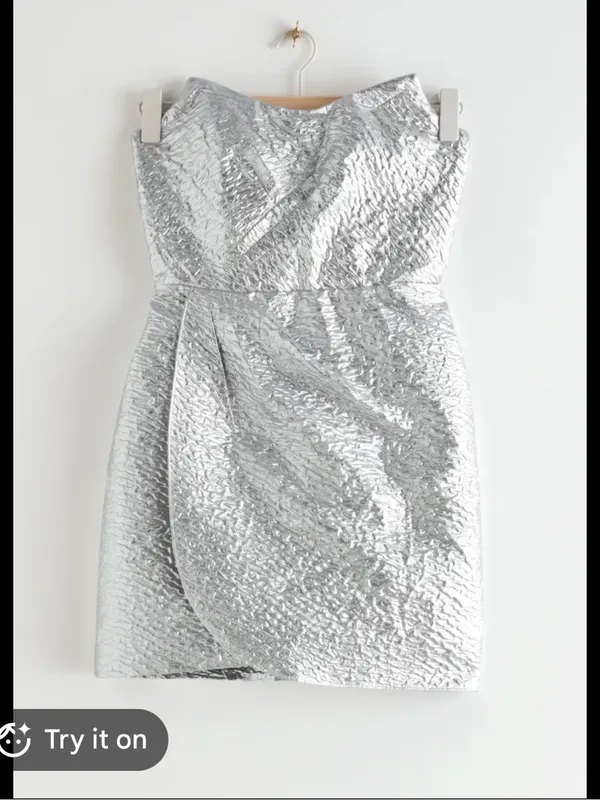 NWT & Other Stories Silver Strapless Jacquard Mini Metallic Party Dress Sz 4 - Image 2