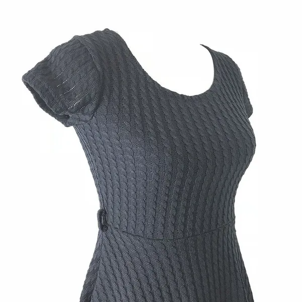 Gracia Cable Knit Textured Skater Mini Dress Fit Flare Black Scoop Neck S - Image 4