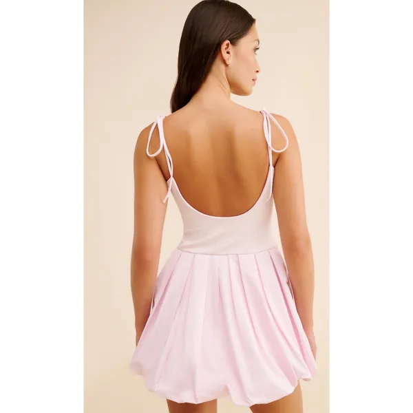 Free People Genevieve Mini Dress Pink Bubble Skirt Tie Shoulder XS Balletcore - Image 2