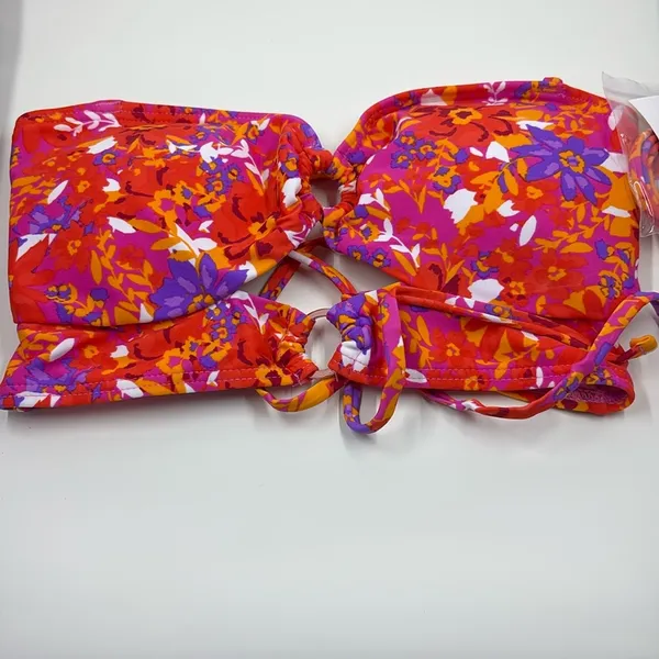 Hula Honey Floral Bandeau Bikini Top Cutout Orange Red‎ HHBBB161 Juniors M NWT - Image 2
