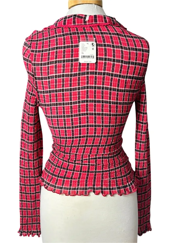 NWT Free People Red Plaid Smocked Button-Front Long Sleeve Top (Size XS) - Image 3