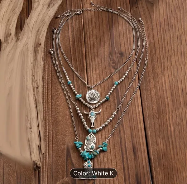 Women’s Bohemian Faux Turquoise & Silver Layered Pendant 4 Pc Necklace Set - Image 4