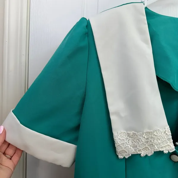 Vintage Lenore S teal lace embroidered collared button down maid dress‎ pleated - Image 2