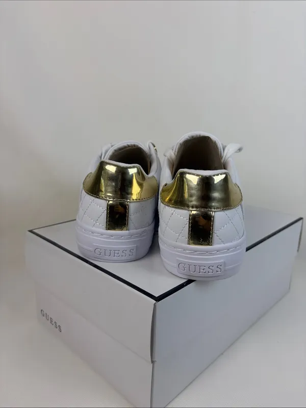 GUESS Women's Loven Casual Lace-Up Sneakers White Gold New in Box - Image 3