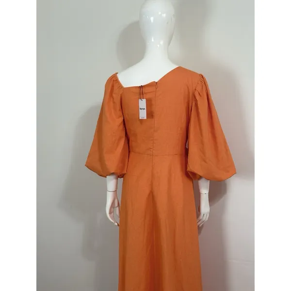 Showpo Rhyne Midi Dress Orange Asymmetric Puff Sleeve Side Cut Out A Line 12 NWT - Image 8