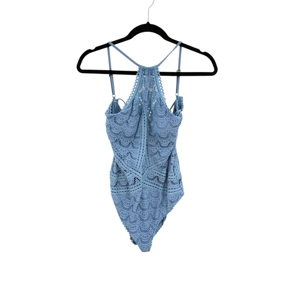 Becca Rebecca Virtue Crochet Lace High Neck One Piece Swimsuit Blue S NWOT‎ - Image 3