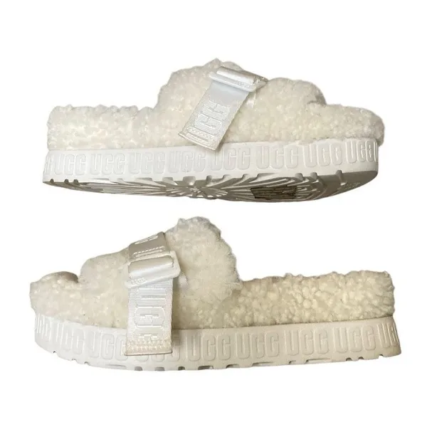 Ugg Fluffita slide‎ on off-white Sherpa sheepskin slippers womens 9 lug sole - Image 4