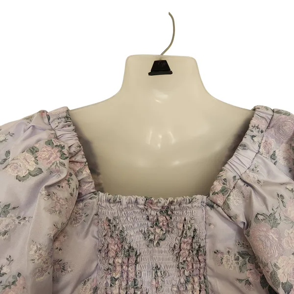Express Purple Floral Puff Sleeve Ruched Front Chic Blouse Crop Top Size Medium - Image 7