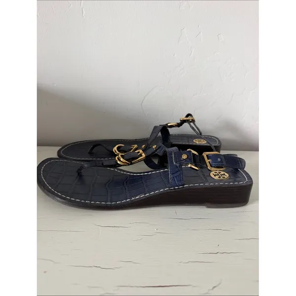 Tory Burch Leather Thong Sandals Women's 9.5 Navy Croc Embossed Gold Buckle - Image 3