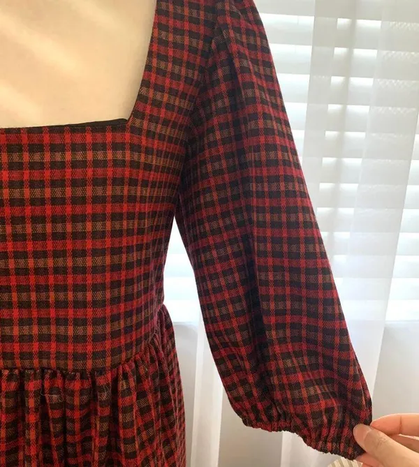 Hutch Square Neck Puff Sleeve Checker Plaid Mini Dress in Red Multi - Image 4