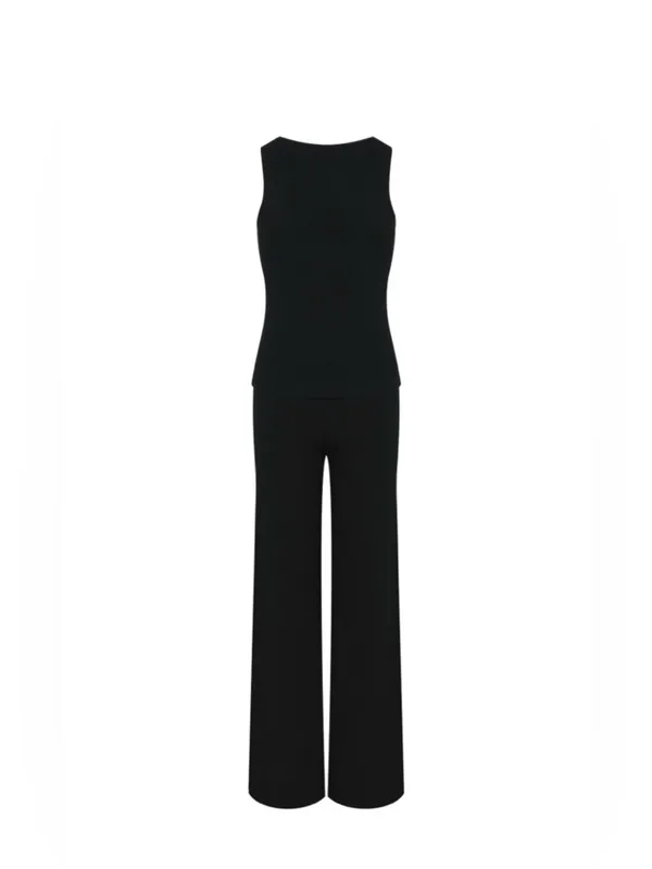 Black 2 Piece Set Sleeveless Button Top Wide Leg Pants Matching Outfit L - Image 4