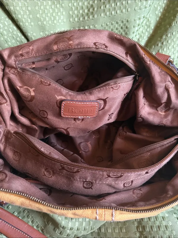 BORN Women’s Canvas Tote Bag with Brown genuine Leather Trim - Mustard - Image 11