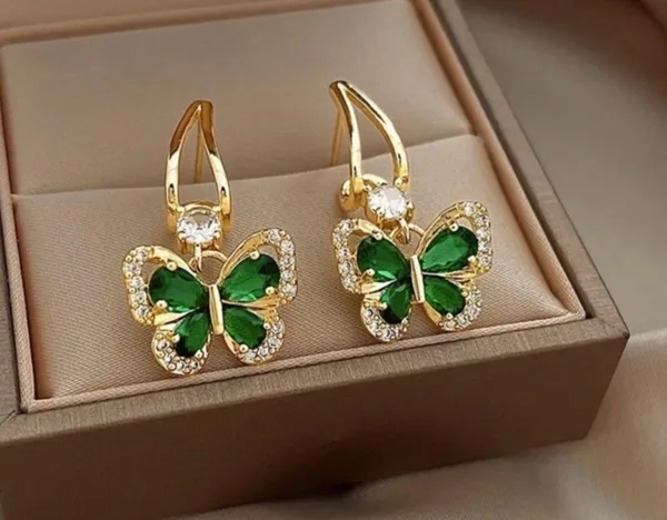 18K Gold Plated Green Crystal Butterfly Dangle Drop Earrings for Women - Image 2