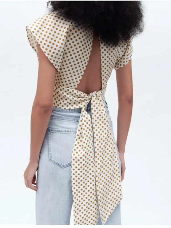 ZARA Linen Blend Polka Dot Crop Deep V Neck Tie Back Blouse Top White Mustard M - Image 3