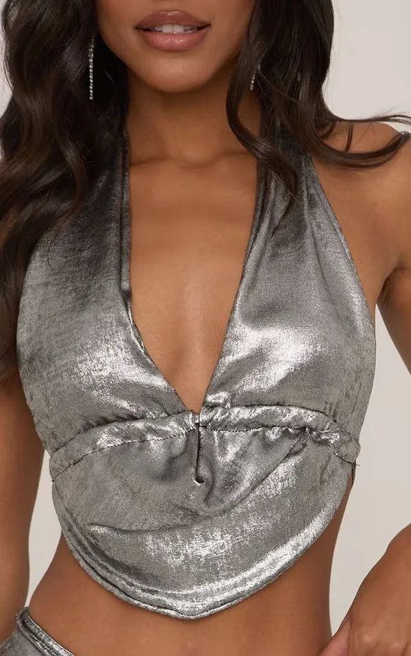 EGO Silver Metallic Cowl Neck Top Small - Image 2