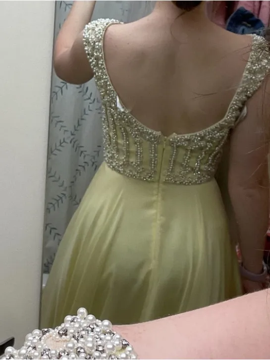 Sherri Hill Butter Yellow Beaded Cap-Sleeve Dress - Image 4