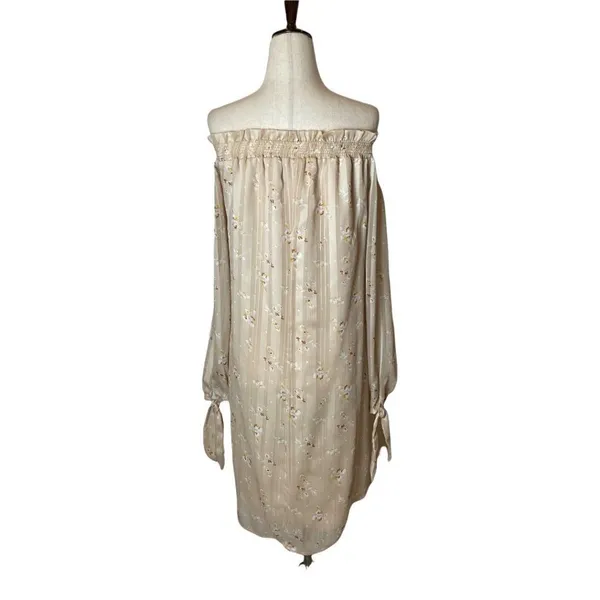 Wayf Dress Women Large Cream‎ Off The Shoulder Long Sleeve Floral Flowy Tunic - Image 4