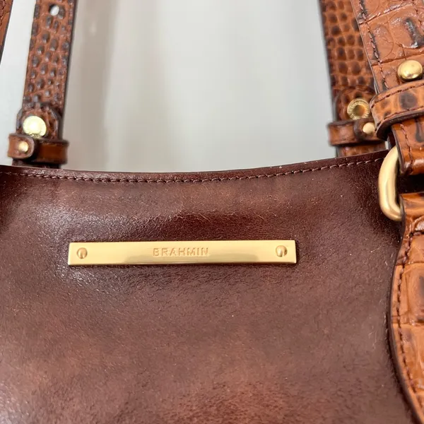 Brahmin Brown‎ Crocodile Print Leather Handbag Classic Purse 10"H x 15"W - Image 7