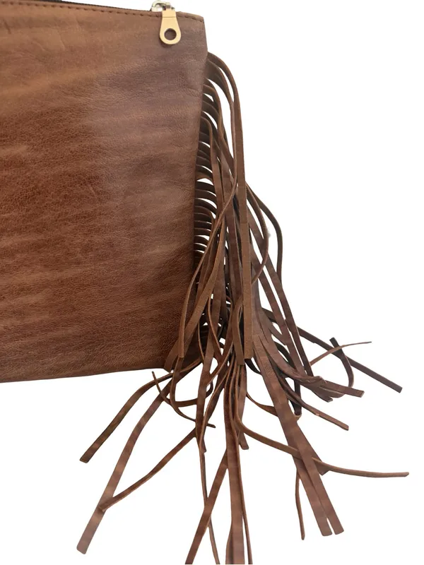 Gift From Morocco Brown Faux Leather Clutch Bag Purse Fringe Handbag Vegan - Image 10