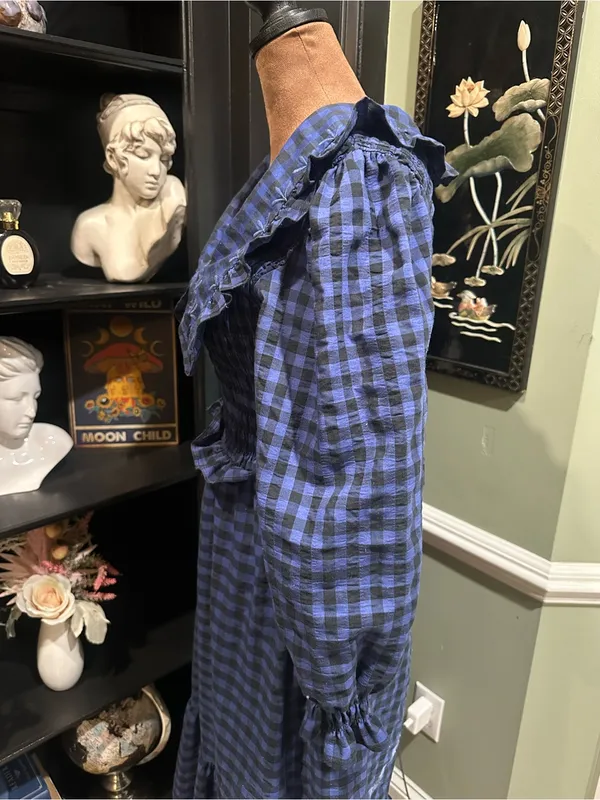 MANGO Blue & Black Gingham Smocked Babydoll Dress – Size 2 - Image 8