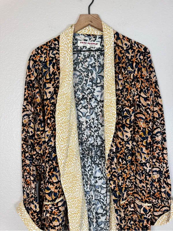 Free People Wild Nights Duster Kimono Black Floral Leopard Combo size Large $168 - Image 8