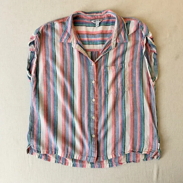 Orvis Linen Blend Shirt L Pastel Stripe Coastal Grandmother Cap Sleeve - Image 2