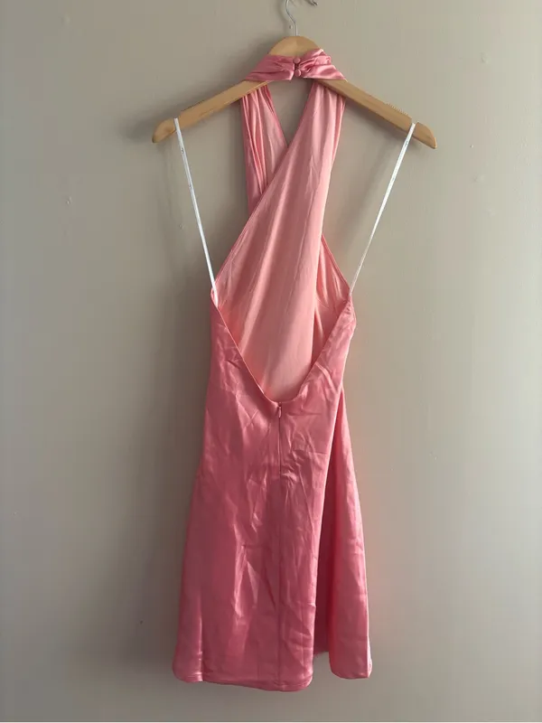 Lulus Beyond Classy Coral Pink Satin Halter Mini Dress Size Small backless Sexy - Image 5