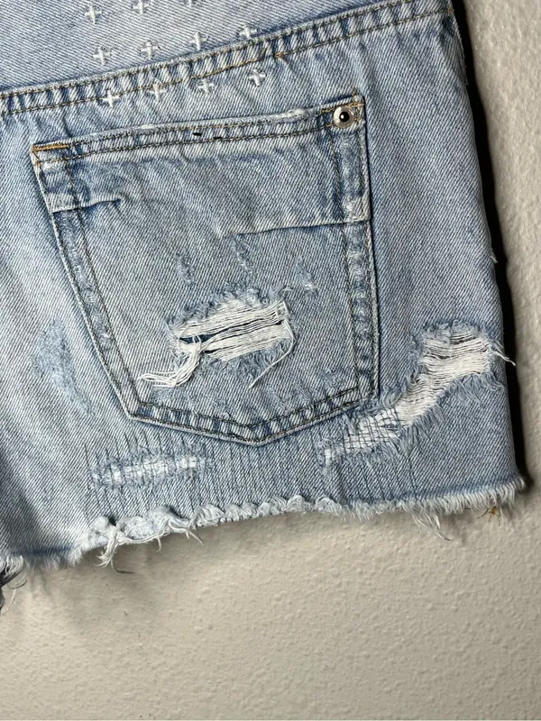Ksubi Tongue n Cheek Messed Up Sashiko Embroidered Cut Off Denim Short Shorts - Image 6